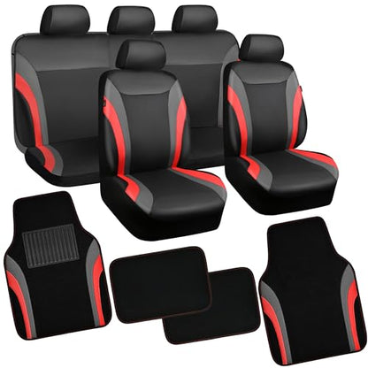 CAR PASS Leather Car Seat Covers Full Set with Waterproof Car Floor Mats,Airbag Compatible,Automotive Interior Covers for Cars Sedans,Trucks,Vans,SUV with Car Carpet Mats(Black and Red) - color: Red Black