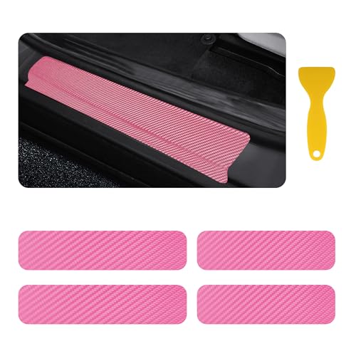 4PCS Car Door Sill Protector with Scraper,Carbon Fiber Car Door Protector Edge Guards for Front Rear Door Sills,Universal Anti-Scratch Car Door Threshold Strips (Pink)