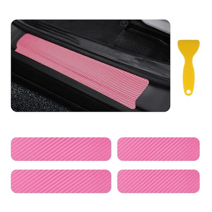 4PCS Car Door Sill Protector with Scraper,Carbon Fiber Car Door Protector Edge Guards for Front Rear Door Sills,Universal Anti-Scratch Car Door Threshold Strips (Pink)