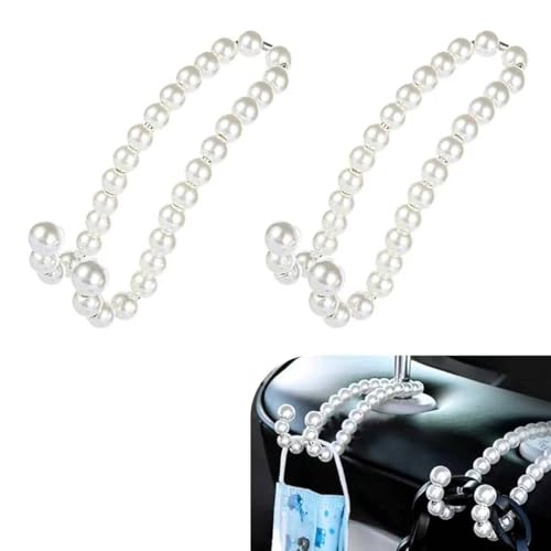 2 PCS Car Seat Headrest Hooks, Cute Pearl Car Purse Hook, Stainless Steel Auto Seat Backrest Storage Hook, Universal Automotive Interior Organizer Accessories for Women Girls (White)