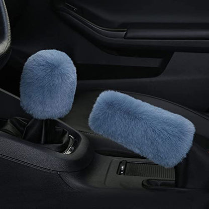 1 Set 6 Pcs Fluffy Car Steering Wheel Cover & Seat Belt Shoulder Pads & Handbrake Cover & Gear Shift Cover Set & Seat Belt Shoulder Pads Faux Wool Universal Fit Car Interior Accessories (Grey) - color: Grey