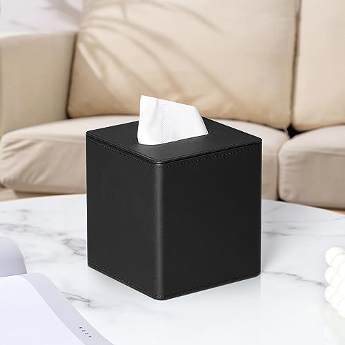 PU Leather Tissue Box Cover Square Tissue Box Holder with Magnetic Closure (Black) - color: Black