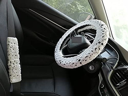 YDM Flower Steering Wheel Cover, Universal Fit, 15 Inch, Crochet, Sunflower Pattern, Customizable Color, Car Accessory - color: C A+ 2 belt cover