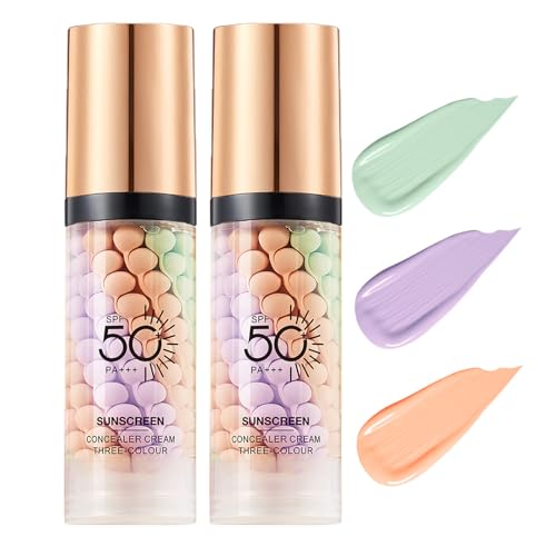 2 PCS Primer for Face Before Makeup,3 in 1 Sunscreen Isolation Cream, SPF 50, One Step Color Corrector Tinted Moisturizer, Blurs Imperfections Oil Control & Moisturizing Skin Tone Correcting - color: 2PCS Purple Pink Green