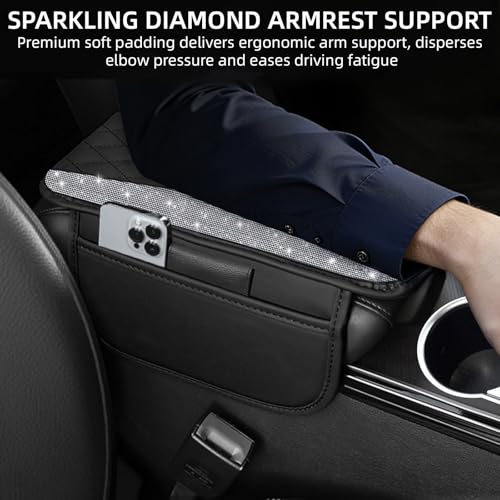 NBTEPEM Bling Car Center Console Cover, Leather Middle Console Cover with 2 Storage Bags, Universal Arm Rest Cover Protector, Bling Car Accessories Interior Fit for Most Vehicles, Silver Diamond