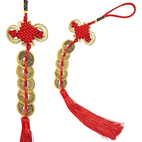 Feng Shui Gold Coins Chinese Luck Charm, Red Knot Wall Hanging for Car,House,Office, Wealth and Success Five Emperor Money(5coins) - 2pcs