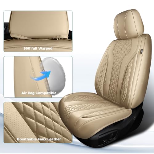 Leather Car Seat Covers Full Set, Breathable Faux Leather Seat Covers for Cars SUV Sedan Waterproof Beige - color: Beige