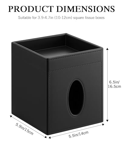 Luxspire Square Tissue Box Cover, PU Leather Square Tissue Box Cover with Storage Tray, Tissue Box Holder, Tissues Cube Boxes Cover for Living Room, Bedroom Countertop Cars Hotels, Black