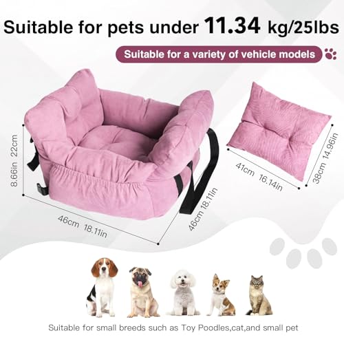 Pet Car Seat for Small Dogs up to 25 lbs with Safety Straps, Storage Pockets, Travel Carrier Bed Booster Seat, Machine Washable (Pink) - color: Pink