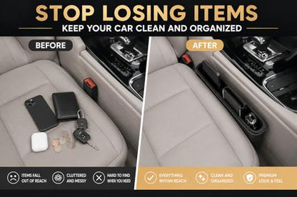 Car Seat Gap Organizer - Premium PU Leather Gap Filler with Storage Pockets, Universal Fit for Car, Truck, SUV - Prevents Phone, Keys from Falling Between Seats, Black