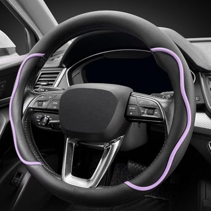 Nappa Leather Steering Wheel Cover. Stylish Striped Design, Universal fit for 14.5–15-inch Steering Wheels, Slip-Resistant and Breathable, Protects the Steering Wheel. Black and Purple - color: Black and Purple