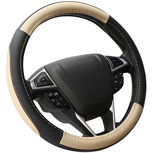 SEG Direct Car Steering Wheel Cover Universal Standard Size 14.5-15 inch, Black and Beige Microfiber Leather - color: Black and Beige, size: Standard size[14 1/2''-15'']