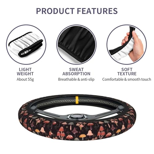 Mushroom Steering Wheel Cover Woodland Mushroom Fern Steering Wheel Cover Breathable Universal for 15 Inch Anti-Slip Car with 2 Pieces Car Coasters Suitable for Men Women Mushrooms - color: Mushroom