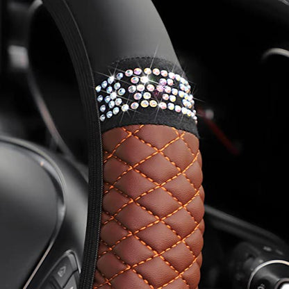 Bling Steering Wheel Cover, Universal 15 Inch Soft PU Leather with Colorful Rhinestones, Crystal Diamond Elastic Steering Wheel Protector, Sparkly Auto Accessories for Women Girl (Brown)