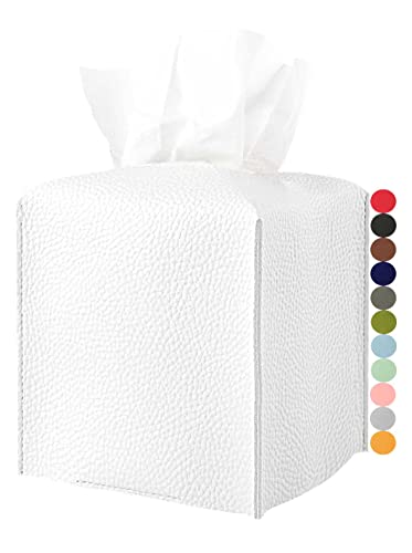 Tissue Holder White Tissue Box Cover – Square Leather Tissue Cover Box with Bottom Belt, Decorative Tissue Box Holder for Modern Home Office Decor - color: White