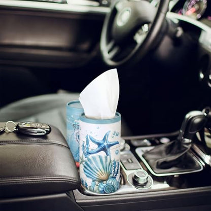 12 Pack Summer Ocean Car Tissue Cylinder Holder Bulk with 3 Ply Facial Tissues Starfish Round Napkin Holders for Cup Holder Cylinder Colorful Travel Paper Tubes Bulk Napkin Boxes Packs - style: Ocean