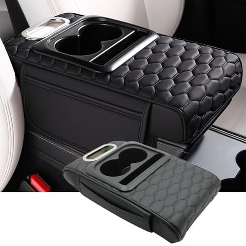 Priprilod Car Center Console Armrest Pillow, Leather Memory Foam Car Armrest Cushion with Cup Holder & Phone Holder, Universal Armrest Storage Box Protector for Most Vehicles (Black) - color: Black