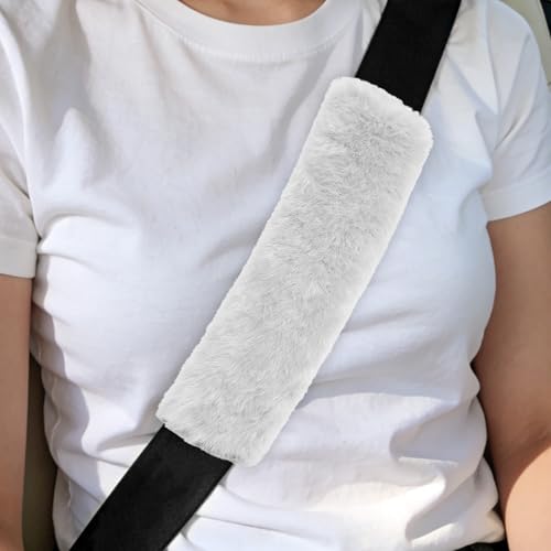 2PCS Car Seat Belt Cover Pads, Fluffy Car Seatbelt Covers, Soft & Comfortable Plush Seat Belt Cushion Protects Shoulder, Auto Safety Belt Strap Cover to Protect Your Neck (White) - color: White