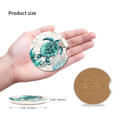 2 Pack Sea Turtles Pattern Absorbent Car Coasters for Cup Holders,2.56" Ceramic Coasters with Cork Back and Finger Slot,Auto Accessories for Women & Men. - color: Sea Turtles 1