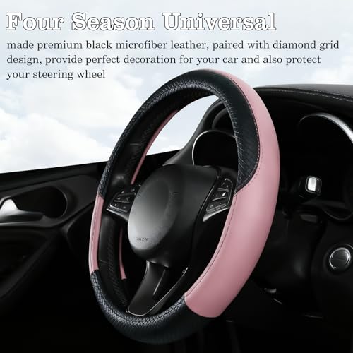 Black & Pink Car Steering Wheel Cover, Microfiber, Leather Patchwork, Universal 14.5-15 Inch Leather Anti-Slip Breathable Auto Steering Wheel Covers for Men Women - color: Black & Pink
