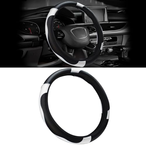 Car Steering Wheel Cover, 15 inch Carbon Fiber Microfiber PU Leather Elastic Steering Wheel Protector for Unisex, Anti-Slip Breathable Car Interior Accessories for Most Cars (White) - color: White
