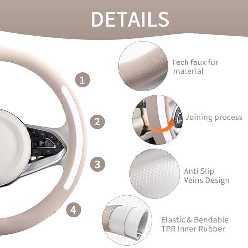 Steering Wheel Cover, Universal 15 inch, Faux Leather Steering Wheel Protector Anti-Slip, Breathable & Heating-Compatible for Cars Trucks SUVs Vans - color: Beige