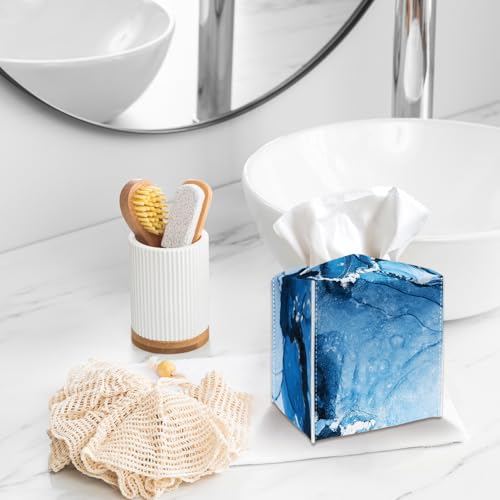 Blue Tissue Box Cover Holder, Abstract Liquid Marble PU Leather Tissue Box Cover with Bottom Belt, Square Facial Paper Organizer for Tabletop, Bathroom, Kitchen, Car & Office -041 - color: Blue Marble 2