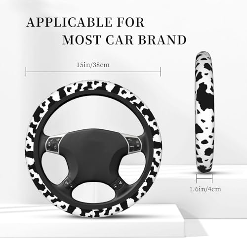 Black White Cow Print Neoprene Steering Wheel Cover for Men Women Anti-Slip Elastic Steering Wheel Protective Cover 15in Universal Car Accessories Fit Cars, SUVs, Auto - color: Black White Cow Print
