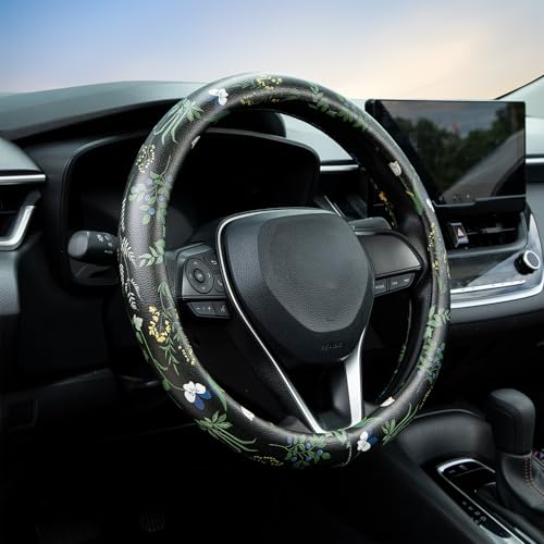 Boho Floral Steering Wheel Cover Auto Leather Steering Wheel Protector, Anti-Slip, Breathable, Absorbing Sweat, Universal Floral Car Accessories 14.5–15 inch,Fit for Most Car, Trucks, SUV - style: Boho Floral