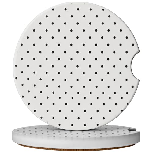 2 Pack Car Coasters for Cup Holders, Absorbent Ceramic Cup Coaster with Cork Base and Finger Notch, Cute Car Accessories Interior for Women Men - color: White Polka Dots