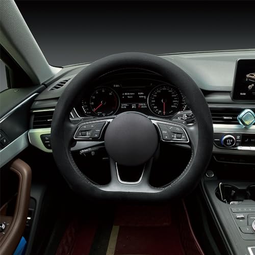 Suede Steering Wheel Cover ， Non-Slip Leather Car Interior Fitting 15-inch Universal（D-Shape,Black）