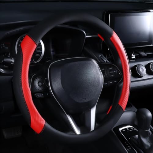 Steering Wheel Cover Red- Premium Perforated Carbon Fiber Leather Sport Wrap with Odorless Rubber Non-Slip Inner, Universal Fit for Cars Trucks SUVS - 15 Inch (Red) - color: Red