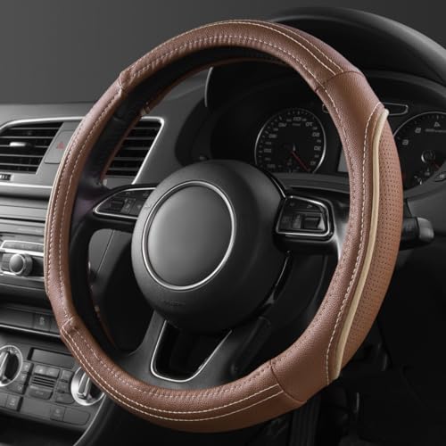 CAR PASS Brown Delux Leather Steering Wheel Cover, Universal Fit for Suvs,Sedans,Vans,Small Trucks for 14.5" to 15"(Brown & Beige Piping) - color: Brown