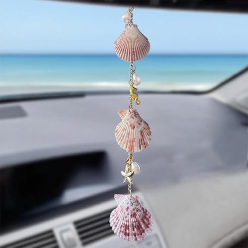 Sea Shells Car Decor,Cute Coastal Hanging Car Charm for Rear View Mirror, Boho Beach Themed Pendant,Hand-Made Starfish Conchas Ornament Accessories for Women - color: Reddish-brown