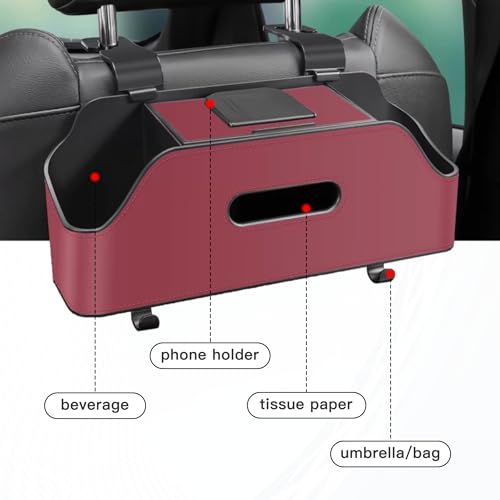 Car Headrest Backseat Organizer, Multi-Functional Vehicle Headrest Hanging Storage Box with Hook Cup Phone Holder Tissue Box, Universal Automotive Interior Seat Back Organizer (Red)