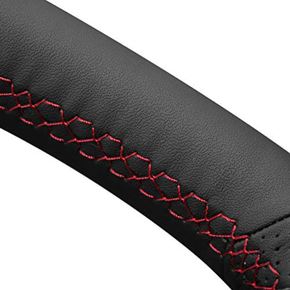MEWANT Black Leather Steering Wheel Cover for Subaru WRX 2015-2019 / Levorg 2015-2019/ Made of Microfiber Leather/WRX (STI) Steering Wheel Cover - color: style-06: microfiber leather + red thread