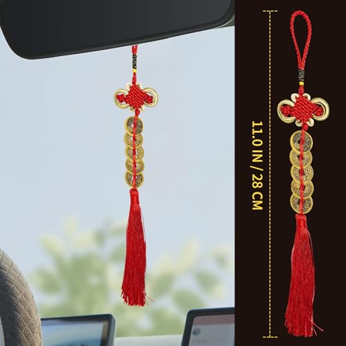 Feng Shui Gold Coins Chinese Luck Charm, Red Knot Wall Hanging for Car,House,Office, Wealth and Success Five Emperor Money(5coins) - 2pcs