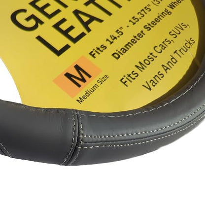 Steering Wheel Cover, Gray, Real Genuine Leather, 15 inch, for Men and Women, Universal, Stretch On, Heat Resistant, Stays Cool, Non-Slip, HANWOLF - color: Dark Gray, size: Medium (14.5 to 15.375 inch diameter)