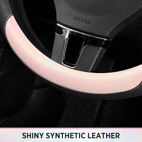 Road Comforts Steering Wheel Cover – Breathable Leather Steering Wheel Cover, Anti-Slip Grip, Universal Fit 14.5” to 15”, Heat & Cold Resistant for Cars, SUVs, and Trucks – Black & Shining Pink - color: Black&Pink