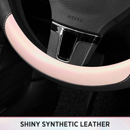 Road Comforts Steering Wheel Cover – Breathable Leather Steering Wheel Cover, Anti-Slip Grip, Universal Fit 14.5” to 15”, Heat & Cold Resistant for Cars, SUVs, and Trucks – Black & Shining Pink - color: Black&Pink