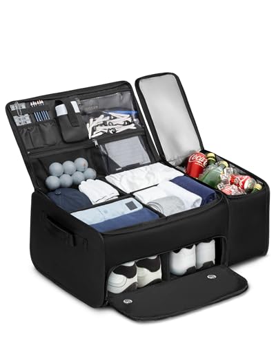 Golf Organizer for Car Trunk with Cooler, Anti-Sag Design, Ventilated Shoe Compartment, 2-Layer Storage Bag for Golf Accessories, Fits SUVs & Sedans - Black