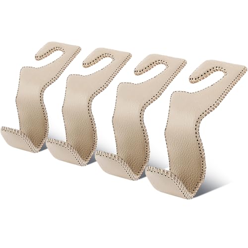 EldHus Car Seat Hooks for Purses and Bags, 4 Pack Car Purse Holder for Grocery Bag Handbag Clothes, Metal Headrest Hooks Covered by Leather, Beige - color: Beige, size: 4