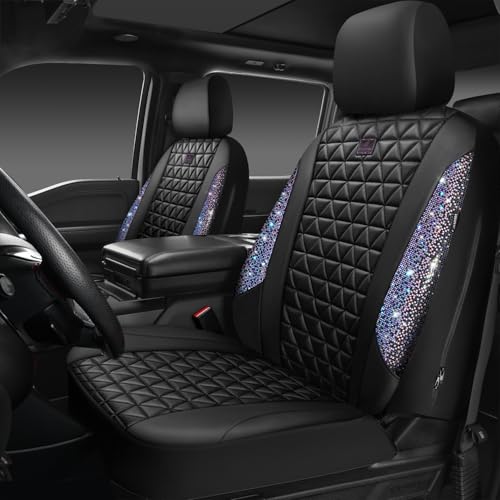 CAR PASS Bling Diamond Black Leather Car Seat Covers Full Set Interior Sets, Waterproof Shining Glitter Sparkly Crystal Armrest Fit Automotive Truck SUV Cute Women Girl, Bedazzed Iridescent Rhinestone - color: Bedazzed Rhinestone, size: Full Set