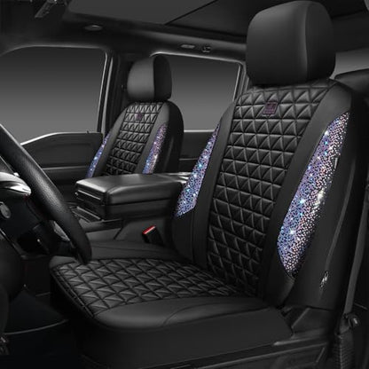CAR PASS Bling Diamond Black Leather Car Seat Covers Full Set Interior Sets, Waterproof Shining Glitter Sparkly Crystal Armrest Fit Automotive Truck SUV Cute Women Girl, Bedazzed Iridescent Rhinestone - color: Bedazzed Rhinestone, size: Full Set