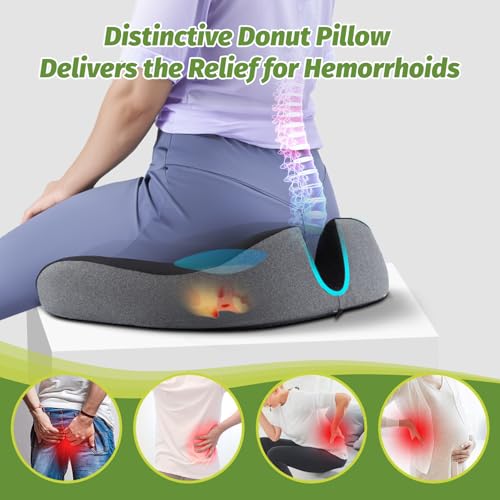 Concave U Surface Donut Pillow for Tailbone Pain Cradle Tailbone Reducing Pressure on Pelvis- Hemorrhoid Pillow for Office, Car, Home Seat-Gray (Black/Gray)