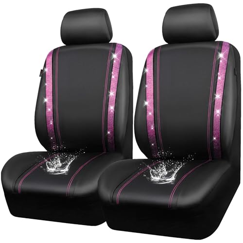 CAR PASS Leather Bling Diamond Car Seat Covers 2 Front Interior Sets, Waterproof Universal Shining Glitter Crystal Sparkle Fit for Automotive Truck SUV Cute Women Girl, Black Pink Rhinestones - color: Pink, size: Two Front Seats