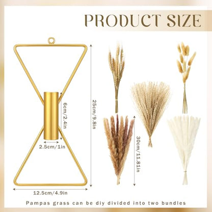 2 Pcs Boho Gold Wall Decor Metal Wall Art X Shaped Hanging Planters with Artificial Pampas Modern Home Gold Bathroom Decor for Bedroom Living Room