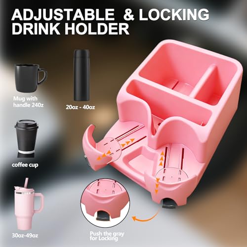 Car Center Console with Adjustable Cup Holders, Universal Center Console Organizer for Truck, Cars, Minivans, Suvs, Truck Floor Console, Bench Seat Center Console (Pink) - color: Pink