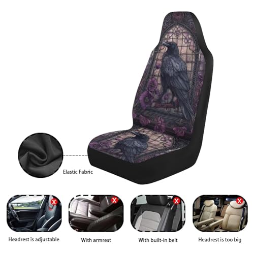 Raven Crow Flower Stained Glass Print Car Seat Covers, 2 Pieces Washable Vehicles Front Seat Protectors, Scratch-Resistant Bucket Seat Cover Fits Most Vehicles, Sedans, Trucks, SUVs, Vans - color: Raven Crow Flower Stained Glass