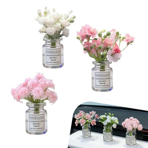 3 PCS Car Dashboard Daisy Flower Ornaments, Lightweight Plastic Mini Car Glass Vase Decor, Beautiful Self-Adhesive Center Console Ornament, Universal for Most Cars (Multicolored)
